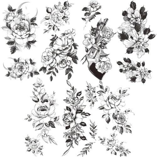 Gun Flower Temporary Tattoo For Women Black Rose Tattoos Sticker Branch Camellia Leaves Waterproof Body Art Arm Leg Fake Tatoos