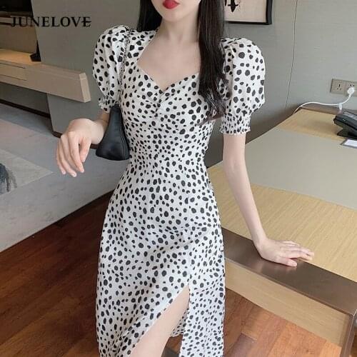 JuneLove French Ruffle Women Sexy Puff Sleeve Split Dress Office Lady Korean Style Summer Elegant Chiffon Fairy Boho Vestidos