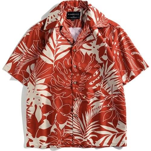 Summer Vintage Leaf Print Cotton Loose Mens Short-sleeved Red Shirt Korean Street Top Camisas Fashion Mens Button Up Shirt