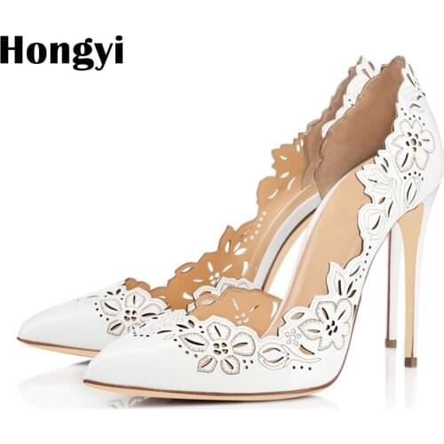 Hongyi Designer Laser Cut-Outs Women Sandals White Printing High Heels Summer Shoes Woman Pumps Sexy Pointed Toe Sandalias Mujer