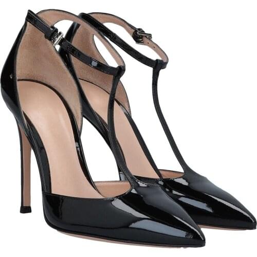 T-strap High Heels Sandals Women Patent Leather Pointed Toe Lady Shoes Thin Heel Buckle Strap Black Single Shoes Modern Sandals