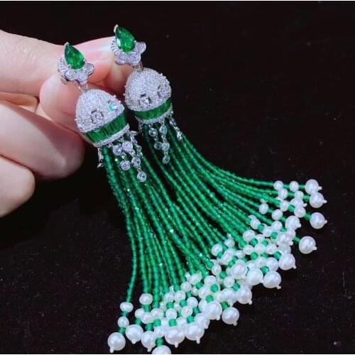 Green color tassels drop earring natural fresh water pearl 925 sterling silver with cubic zircon fine women jewelry classic
