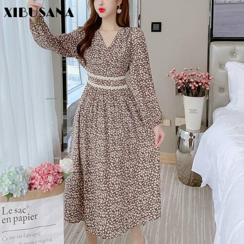 XIBUSANA V-neck Chiffon Dress Women 2021 Spring Autumn Fashion Female Long Sleeve Printed Floral Casual Dresses A-line Vestido