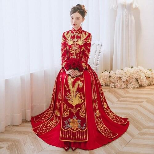 Traditional Flower Phoenix Embroidery Bride Groom Wedding Dress Retro Chinese Refined Stylish Marry Cheongsam