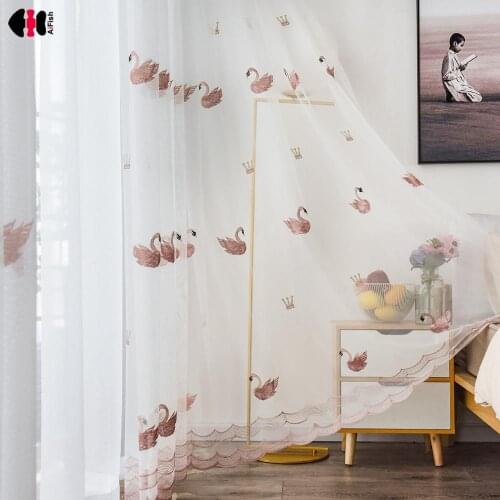 Swan Embroidered Voile Curtain for Livingroom White Pink Pastoral Delicate Sheer French Window Drapes M062C