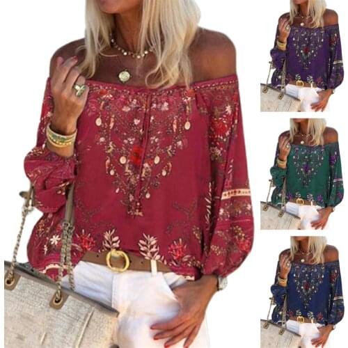 S-3XL Women Vintage Lacing Stitching Off Shoulder Floral Print String Blouse Top Shirt female clothing Plus Size women blouse