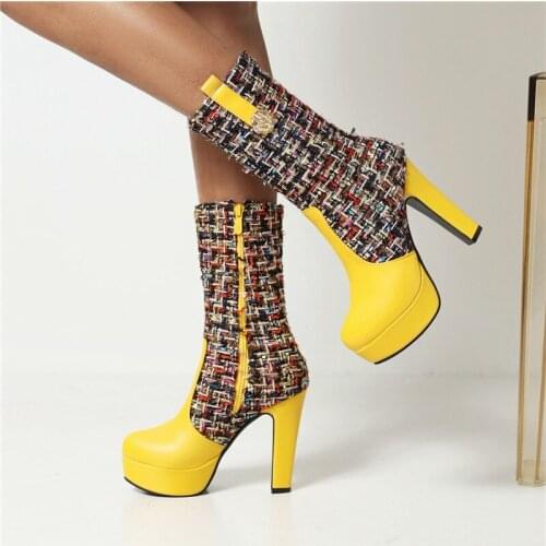 YMECHIC Mixed Color Rags Splicing Sexy Mid-calf Boots for Women Side Zipper Platform 12cm High Heel Party Winter Shoes Princess