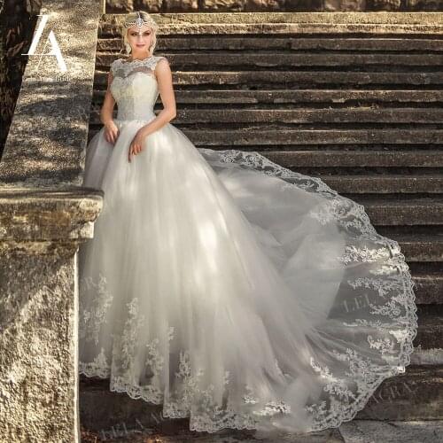 Charming Lace Wedding Dress O-Neck Appliques Ball Gown Bridal Princess Court Train LelaAcra ER17 Customized Vestido De Novia