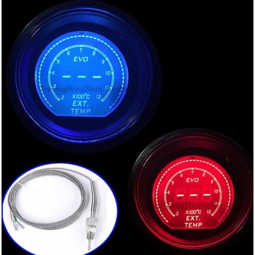 2 inch 52mm EVO Car Exhaust Gas Temperature Gauge Celsius Digital Red and Blue Led EXT Temp Meter 12V Auto Gauges with Sensor
