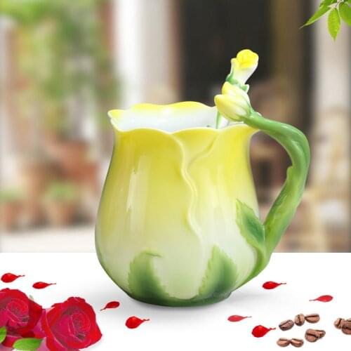 3D Rose Mugs Color Enamel Porcelain Cup Drinkware Flower Coffee Cups Creative Mugs Ceramic with Spoon Coffee Milk Tea Sets