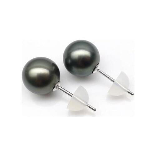 8.5-9mm Natural Black Real Tahitian Pearl Ear 18K Solid White Gold