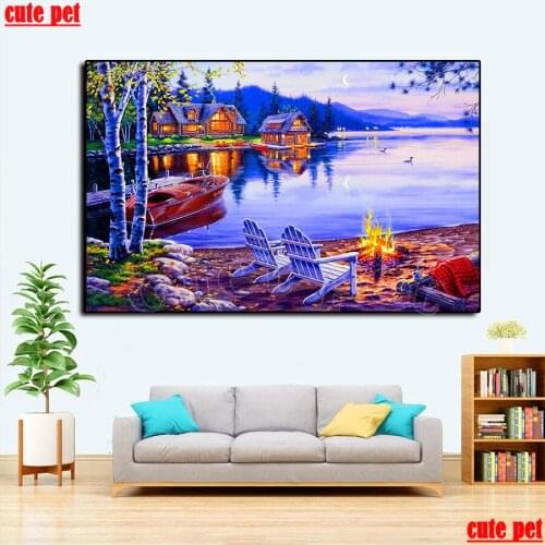 Diy Diamond Painting Night wood house river scenery Diamond Embroidery Full square round drilling 5d Diamond Mosaic kits decor