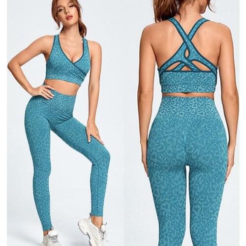 Seamless Gym Set Sports Suits High Waist Leggings+Push Up Bra Vest 2 Peice Set Leopard Sportswear Women Fitness Yoga Set