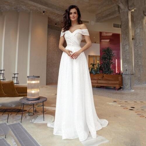 UZN Elegant A-Line Glitter Wedding Dress Sweetheart Off The Shoulder Short Sleeves Bridal Gown Pleats Brides Dress With Zipper