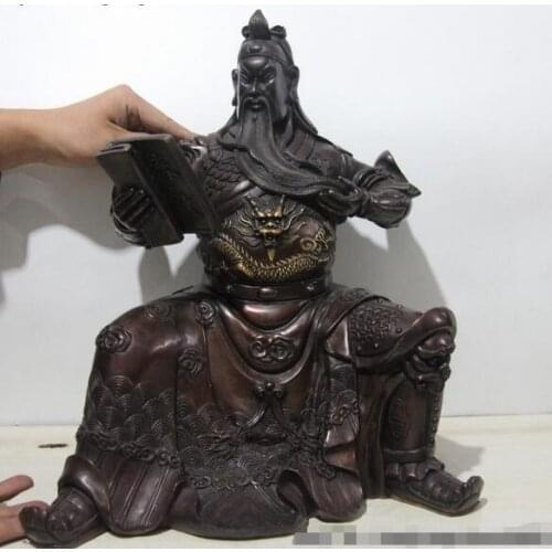 16" China Folk Bronze Seat Dragon Guan Gong Guan Gong Yu Warrior God Look Book Statue