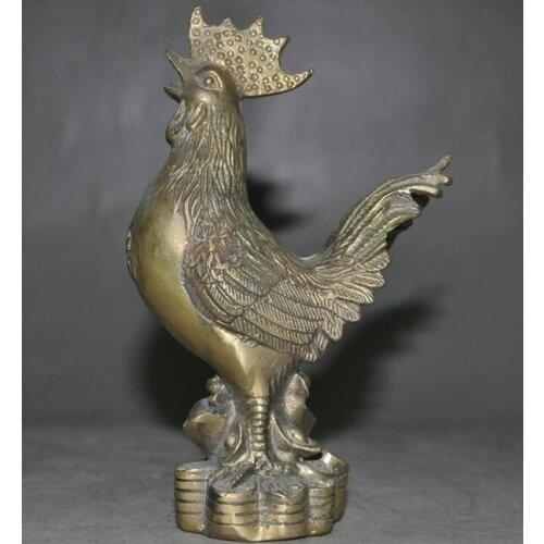 Chinese Fengshui Brass Figurines yuanbao Money coins Cock Rooster Wealth Statue