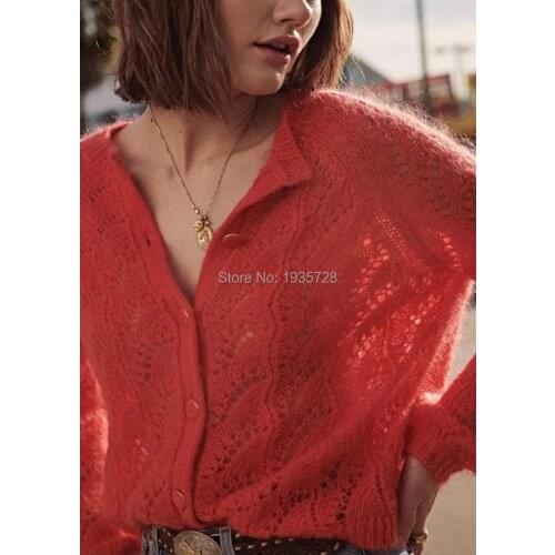 Red/Light Green Mohair Jumper With Hollow Out Crochet Detail - 2019 Round Neck Long Sleeve Wool knitting Cardigan