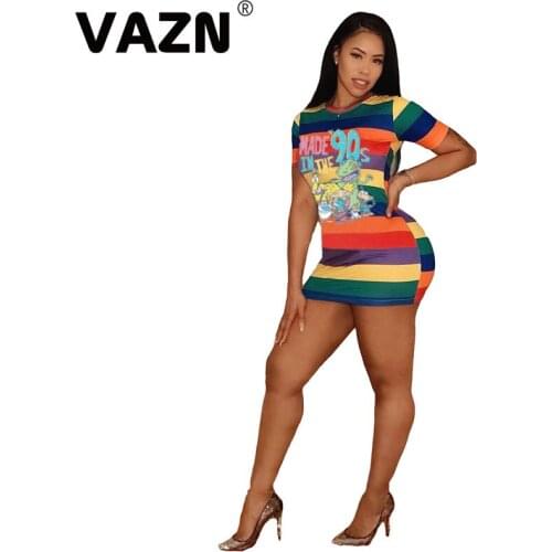 VAZN 2020 Summer Hot Popular Litter Chap Cartoon Sweet Daily Sexy Young Designer Round Neck Short Sleeve Women Thin Mini Dress
