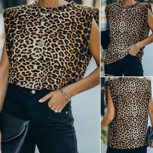 Hot kf-Womens Fashion Casual Round Neck Leopard Print Shoulder Pad T-Shirt Loose Vest Leopard