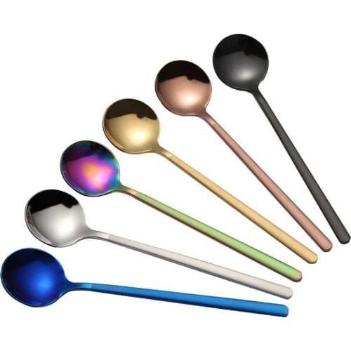 Coffee Mixing Spoon Ice Cream Dessert Teaspoon Long Handled Stainless Steel Tableware Multi-Color Round Scoop Dinnerware