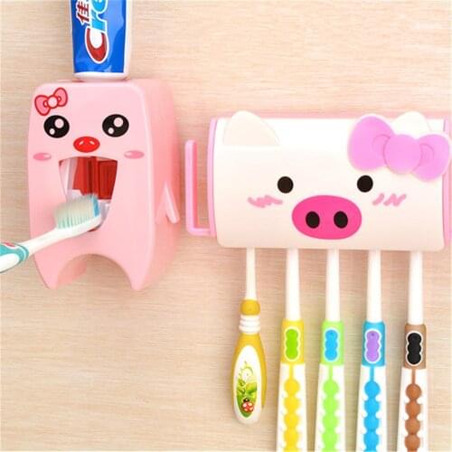 LIYIMENG Multifunctional Cartoon Toothbrush Holder Storage Orgainzer Box Bathroom Accessories Suction Hooks Toothpaste Dispenser