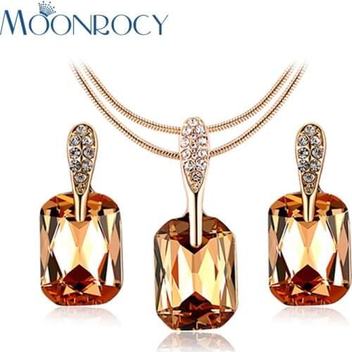MOONROCY Rose Gold Color Brown Blue Crystal Necklace and Earrings Jewelry Set for Women Girls Geometry Dropshipping Wholesale