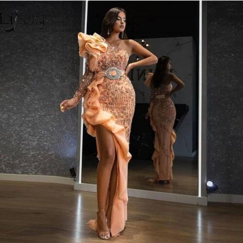 Peach Asymmetrical Prom Dresses One Shoulder Formal Dress Crystal Beaded Sexy Long Prom Gowns Ruffles