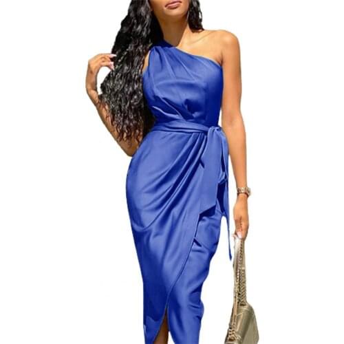 Women Split Dress High Waist Slanted Shoulders Sweat Absorbent Fashionable Summer Casual Split Dress Women Casual Sexy Dress