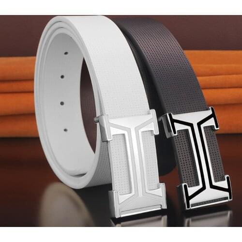 Fashion Black slide buckle belts men genuine leather 3.3cm wide designer white Waist Strap luxury famous brand Hot popular