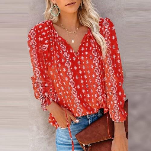V-cut necktie Pressure Shirt Long sleeves Loose casual shirts Thin ethnic Bohemian ladies tops Women Chiffon T-shirt