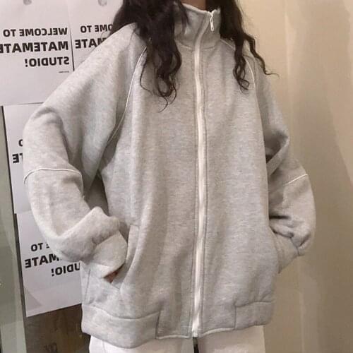 Vintage Gray Zip Stand Collar Oversized Sweatshirt Women New Autumn Loose Korean Trend Pocket Streetwear Womens Winter Tops Coat