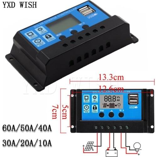 60A/50A/40A/30A/20A/10A 12V 24V Auto Solar Charge Controller PWM Controllers LCD Dual USB 5V Output Solar Panel PV Regulator