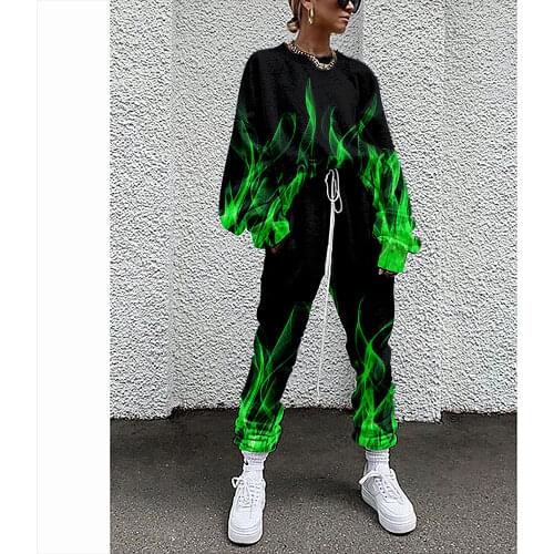 Flame Print Women Clothing Solid Color Long Sleeve Loose Blouse Pant Autumn Winter Tracksuit Outfit Plus Size 4XL Warm Clothes