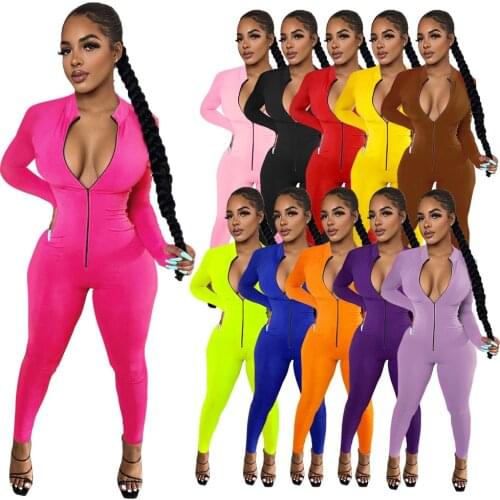 Plus Size Women Solid Skinny Jumpsuits 2020 Autumn Real Photos Casual Females O-neck Zipper Full Sleeve Sportwear Rompers