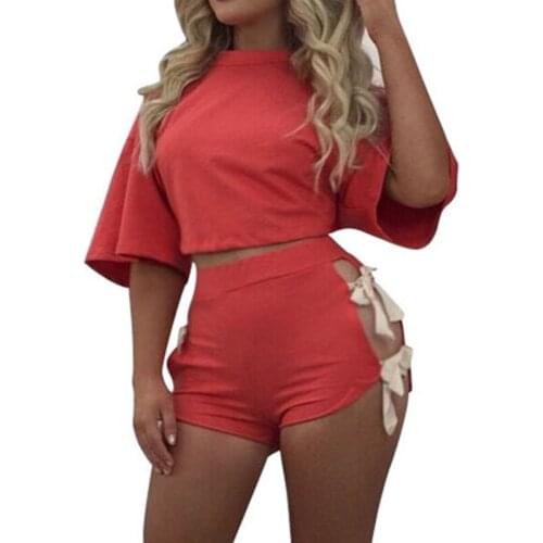 2019 Patchwork tracksuit set Women Short Sleeve Bandage 2 Piece Set Casual Short Pants Casual Outfit Sportswear Drawstring