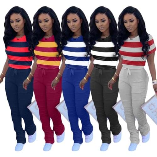 Stripes Printing Casual Women 2 Pieces Set T Shirt + Stacked Joggers Bell Bottoms Tracksuits 2020 Autumn Summer Fitness Outfits
