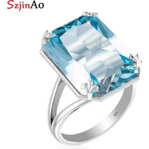 Szjinao 925 Sterling Silver Rings for Women Square Sky Blue Aquamarine Ring High Quality Vintage Carve Branded Fine Jewelry