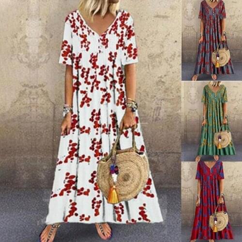 Vintage Print Street Wear Large Hem Summer Ladies Plus Size Ruched Dress V-Neck Casual Green Dress Ankle-Length Women Dresses