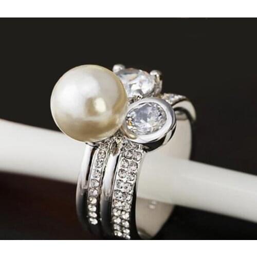 2016 Super Luxury Crystal CZ W Pearl Ring Silver Plated Fashion Multilevel Rings Female Fashionable Accessories