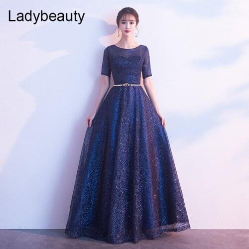 Ladybeauty 2019 Mother of The Bride Dress The Banquet Elegant Navy Blue short Sleeves Lace Long Party Formal Gown
