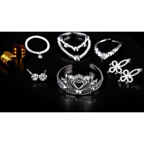 10Pcs/Set Plastic Sliver Doll Girls Crystal Crown Headband Headwear Necklace Bracelet for Doll Toys
