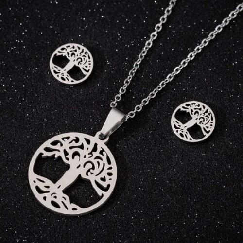 2021 Classic Tree Pendant Necklace For Women Gold Stainless Steel Round Statement Necklace Jewelry Men Party Birthday Gift