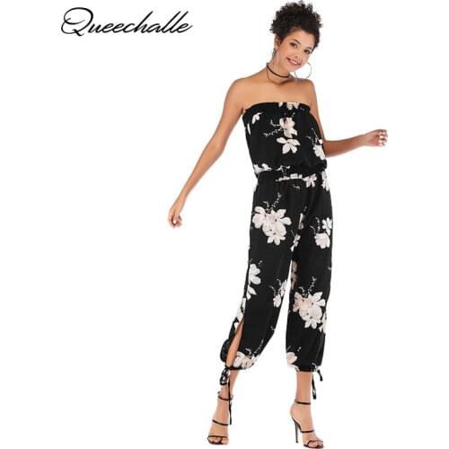 2021 Summer Black Elegant Print Sexy Strapless Rompers Women Sleeveless Elastic Waist Casual Ankle-length Jumpsuits Female