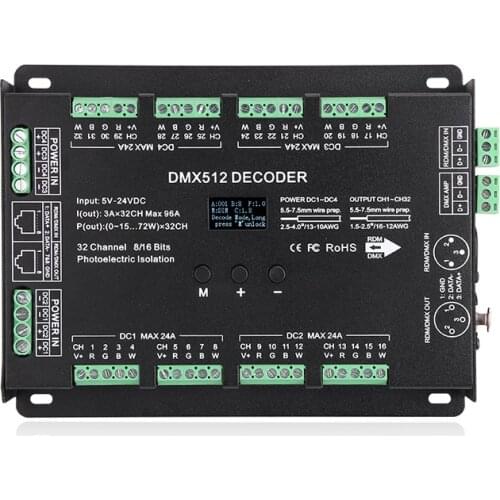 32 Channel 96A RGBW DMX 512 LED Decoder Controller RGBW RGB LED light 8 Bit/16Bit DMX Dimmer ;DC5~24V Decoder with RDM function