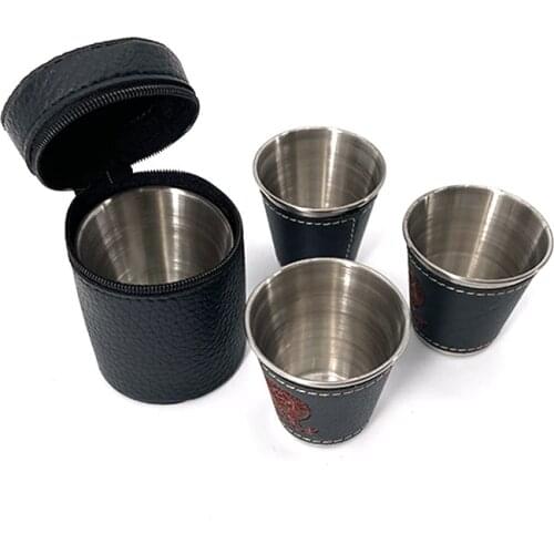 4pcs/lot 70ml Outdoor Camping Tableware Travel Cups Set Picnic Supplies Stainless Steel Wine Beer Cup Whiskey Mugs PU Leather