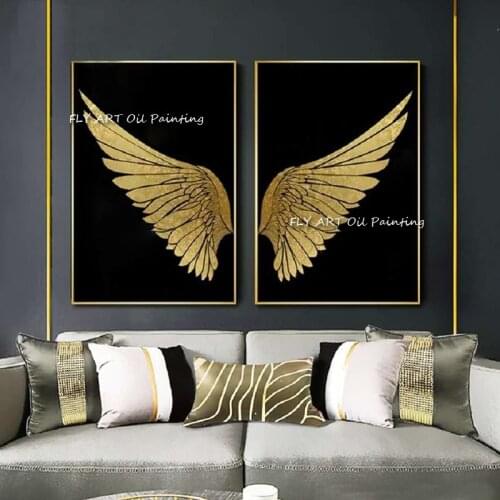 100% Handmade Large Modern Golden Angel Wings Feather Wall Art Canvas Painting Gold Foil Wall Picture For Living Room No Frame