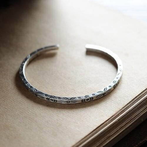 925 Sterling SilverLiterature and Art Trendy Gift with Flower Opening Solid Bracelet Handmade Silver Carving Ladys Accessories