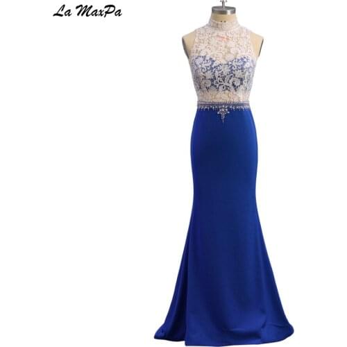 Ivory Lace Illusion Bodice Mermaid Royal Blue Prom Dress CMT14