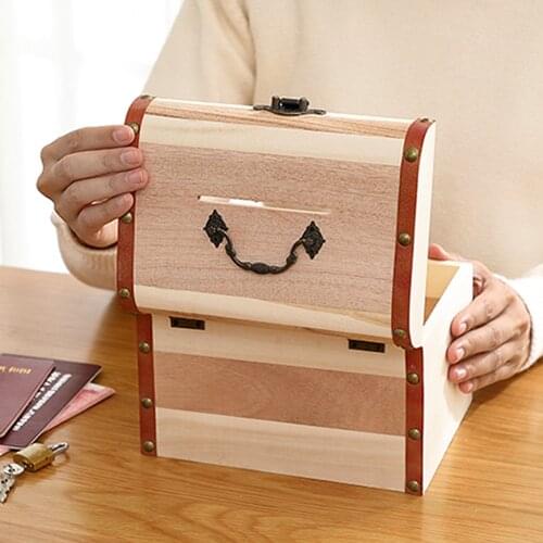 Solid wood freestanding piggy bank, retro storage money box, childrens large-capacity toy box, home decoration piggy bank