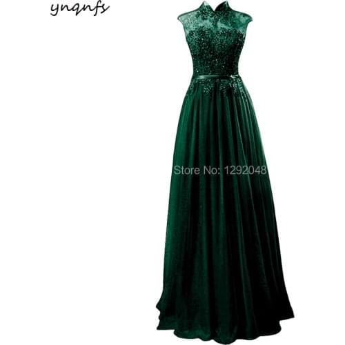 YNQNFS Real Emerald Green High Neck Mother of the Bride Lace Dresses Long Evening A Line Vestido de Festa Longo Party Gown MD350
